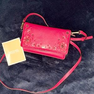 Michael Kors Deep Pink Embellished Floral Phone Crossbody